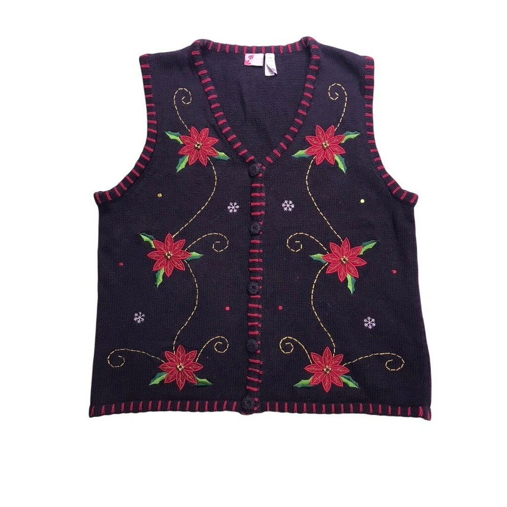 Holiday Editions Sweater Vest Women XL Black Red Poinsettia Beaded Christmas